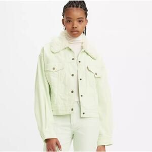 Levi's Corduroy‎ Jacket Sherpa Baby Baggy Trucker Crop Women Size M Light Green